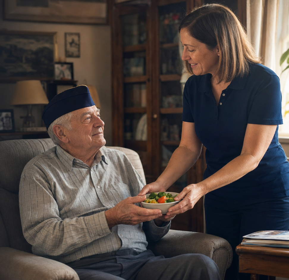 A caregiver bringing a meal to a veteran in his armchair at home